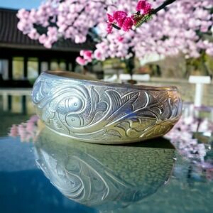 Silver Tone Cuff Bracelet Yin Yang Fish Design Floral Pattern